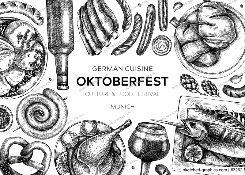 German food background. Oktoberfest menu design. Vector meat dishes sketches. German cuisine banner in vintage style. Traditional Food festival illustration. Black and white template