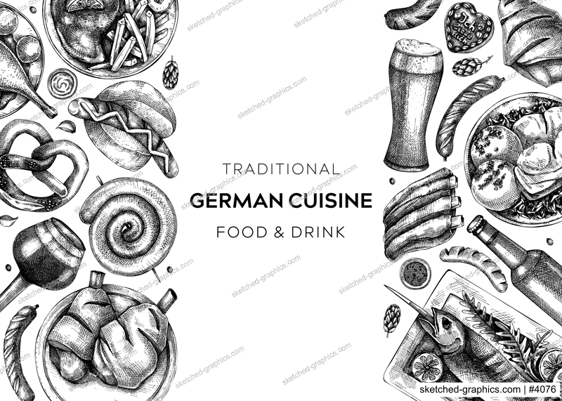 German food background. Oktoberfest menu design. Vector meat dishes sketches. German cuisine banner in vintage style. Traditional Food festival illustration. Black and white restaurant template