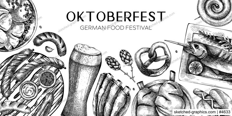 German food background. Oktoberfest menu design. Vector meat dishes sketches. German cuisine banner in vintage style. Traditional Food festival illustration. Black and white template