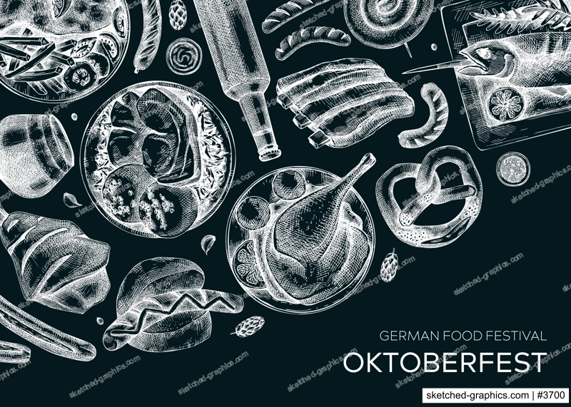 German food background on chalkboard. Oktoberfest menu design. Vector meat dishes sketches. German cuisine banner in vintage style. Traditional Food festival illustration. Beer hand drawing