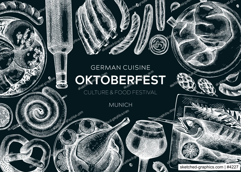 German food background on chalkboard. Oktoberfest menu design. Vector meat dishes sketches. German cuisine banner in vintage style. Traditional Food festival illustration. Beer hand drawing