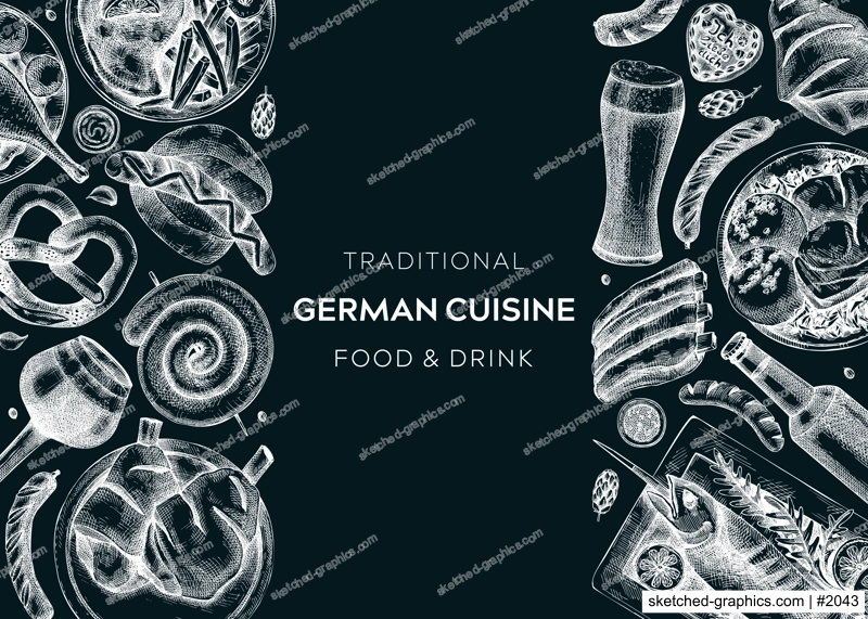 German food background on chalkboard. Oktoberfest menu design. Vector meat dishes sketches. German cuisine banner in vintage style. Traditional Food festival illustration. Beer hand drawing