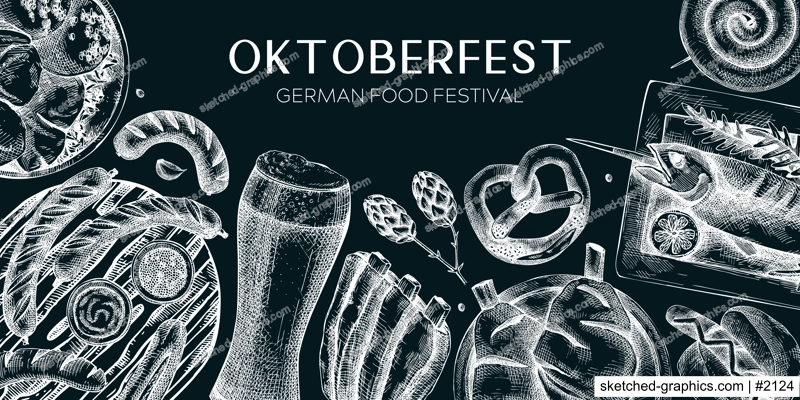 German food background on chalkboard. Oktoberfest menu design. Vector meat dishes sketches. German cuisine banner in vintage style. Traditional Food festival illustration. Beer hand drawing