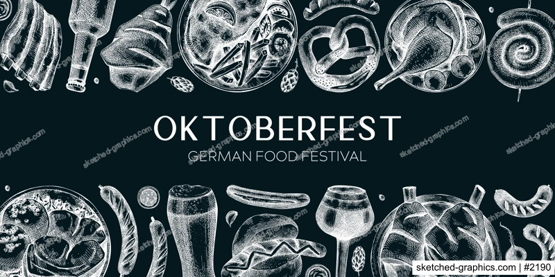 German food background on chalkboard. Oktoberfest menu design. Vector meat dishes sketches. German cuisine banner in vintage style. Traditional Food festival illustration. Beer hand drawing