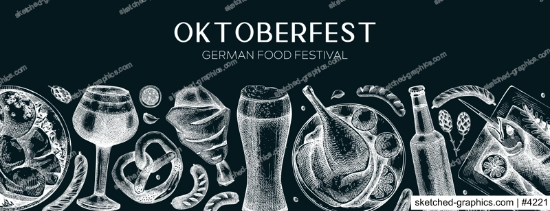 German food background on chalkboard. Oktoberfest menu design. Vector meat dishes sketches. German cuisine banner in vintage style. Traditional Food festival illustration. Beer hand drawing