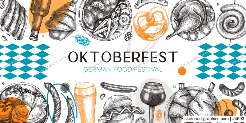 German food background in collage style. Oktoberfest menu trendy design. Vector meat dishes sketches and geometric shapes. German cuisine modern banner. Traditional Food festival illustration. 