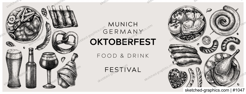 Vintage style German food sketch collection. Oktoberfest menu design elements. Hand drawn vector dishes drawings set. German cuisine menu. Black and white food sketched illustrations