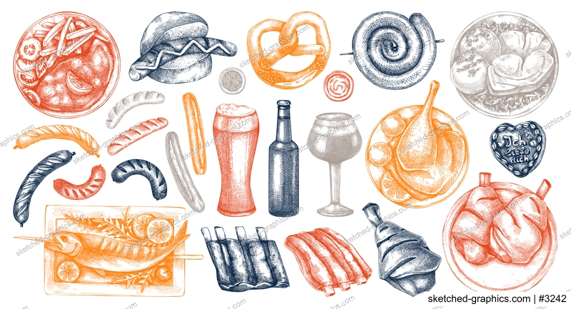 Traditional German food sketch collection in color. Oktoberfest menu design elements. Hand drawn vector dishes drawings set. German cuisine menu. Black and white food sketched illustrations