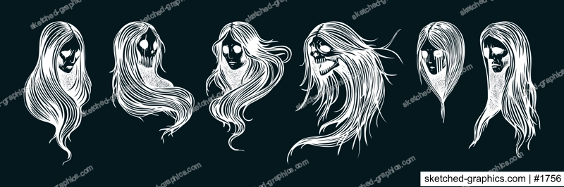 Vintage ghost woman portraits set. Gothic tattoo design. Halloween hand-drawn vector illustration. Witch drawings on chalkboard. NOT AI generated