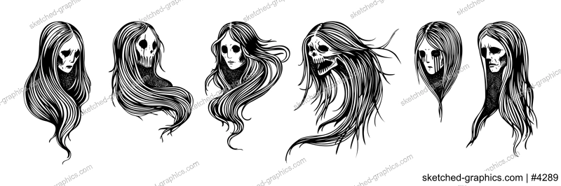 Vintage ghost woman portraits set. Gothic tattoo design. Halloween hand-drawn vector illustration. Witch drawings. NOT AI generated