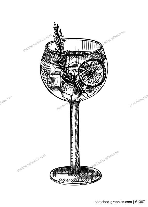 Hand-sketched Gin and tonic cocktail illustration. Vector sketch of alcoholic drink in elegant glass. Highball cocktail hand-drawing isolated on white background