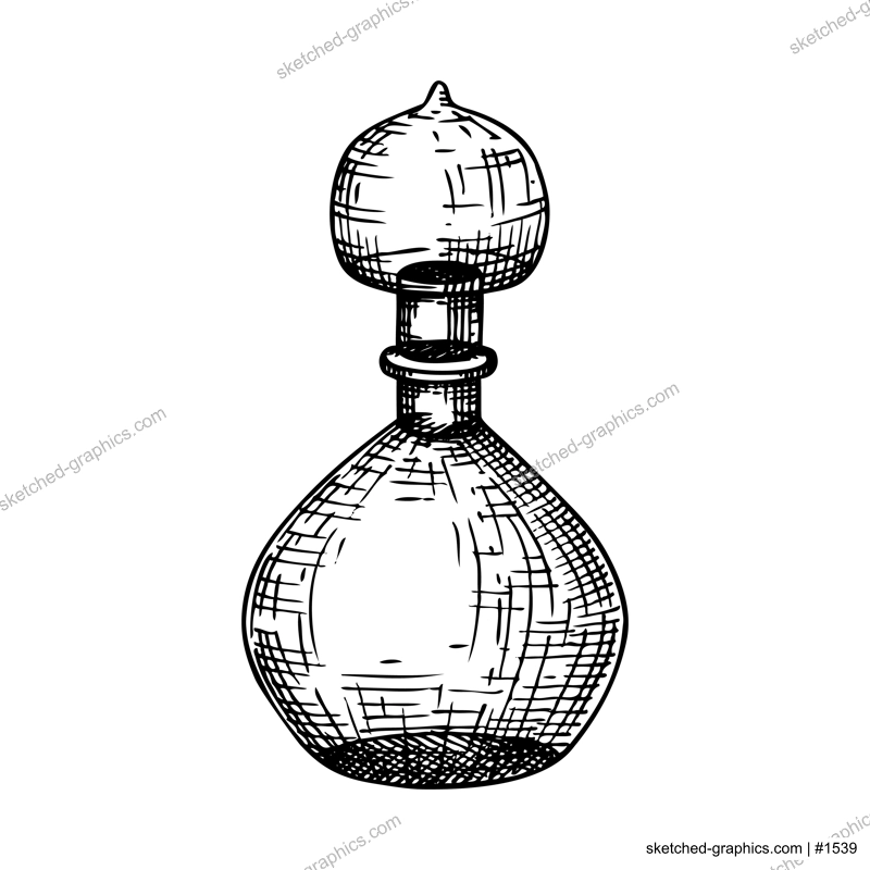 Hand sketched glass bottle illustration in vintage style. Glassware drawing for alchemy, medicine, cosmetics, or perfume. Alchemy laboratory equipment sketch. Magic lab tools isolated on white