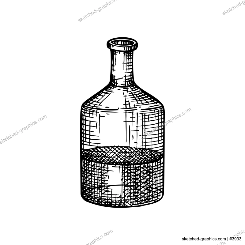 Chemical laboratory equipment sketch. Hand drawn glass bottle with liquid illustration. Glassware drawing for alchemy, medicine, cosmetics, or perfume. Alchemy laboratory equipment sketch. 