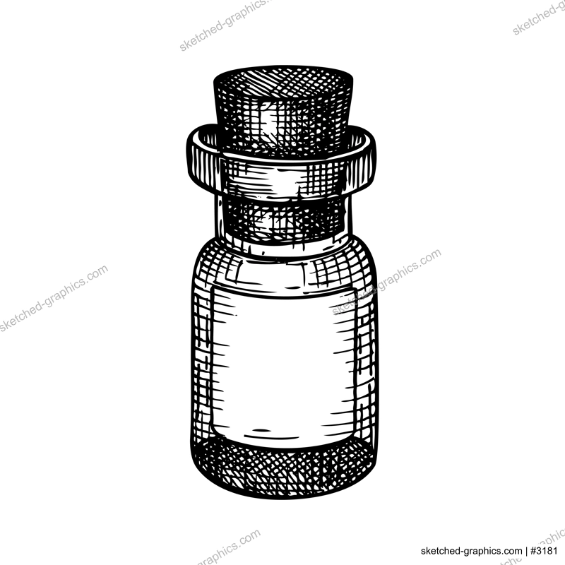 Little glass bottle hand-sketched illustration. Glassware drawing for alchemy, medicine, cosmetics, or perfume. Chemical laboratory equipment sketch. Glass flask with place for text