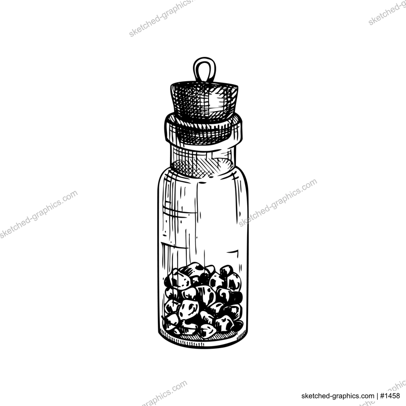 Glass bottle with stones sketch. Witchcraft vector illustration. Vintage Halloween design element. Hand-drawn alchemical icon, esoteric symbols. NOT AI generated