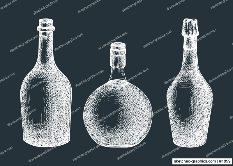 Hand-sketched  glass bottles illustration set. Vector sketch of alcoholic drink in a glassware. Alcohol beverage bottle hand-drawing on chalkboard