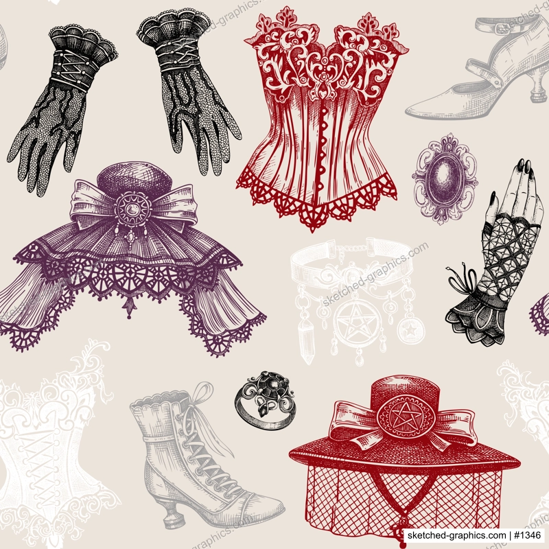 Gothic background. Hand drawn fashion illustration. Victorian clothes and accessories. Halloween seamless pattern. NOT AI generated