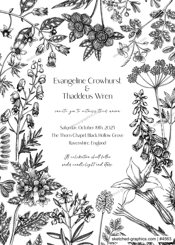 Gothic wedding invitation design. Poisonous plant sketches. Hhand drawn illustration. Witchcraft, witch herbs apohecary frame template. NOT AI generated