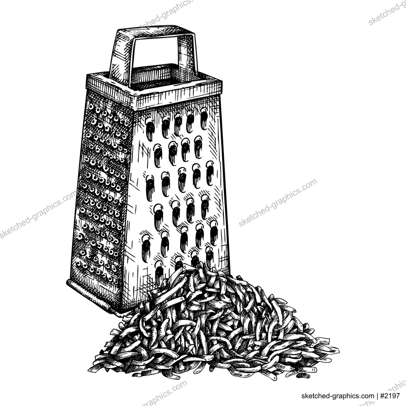 Grater and grated cheese hand drawn illustrations. Food design elements. Vector sketches. Kitchenware in engraved style. Dairy products drawings for menu, store,  banners, packaging design.