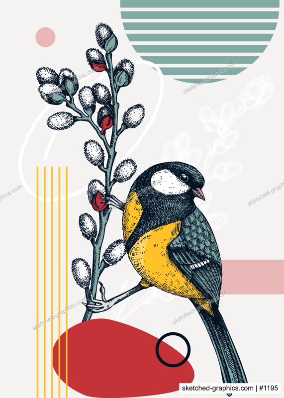 Collage-style bird card. Sketched great tit trendy poster. Creative designs with bird sketch, botanical illustrations, geometric shapes, and abstract elements for nature print, wall art, packaging.