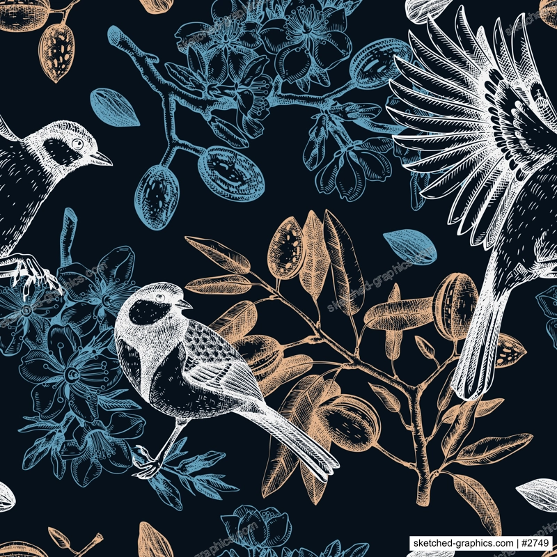 Floral spring garden seamless pattern. Birds on almond branches dark background design. Great tit with blooming twigs, nuts, flowers, leaves backdrop. Wildlife vector illustration for prints