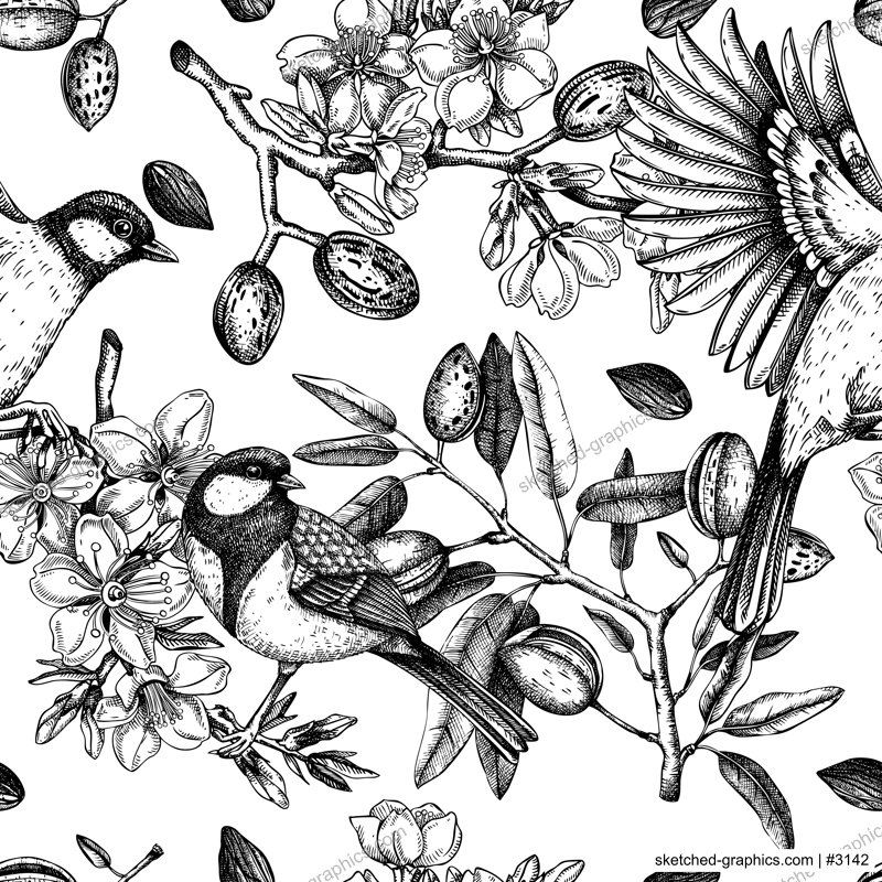 Floral spring garden seamless pattern. Birds on almond branches vintage background design. Great tit with blooming twigs, nuts, flowers, leaves backdrop. Wildlife vector illustration for prints