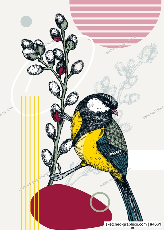 Collage style spring card or poster modern design. Great tit sitting on willow branches vector sketch. Hand drawn passerine bird, floral elements and geometric shapes. Trendy wildlife illustration.
