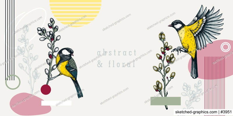 Collage style spring background design. Flying great tit and willow branches vector sketches. Hand drawn passerine bird illustration, floral elements and geometric shapes. Trendy wildlife banner