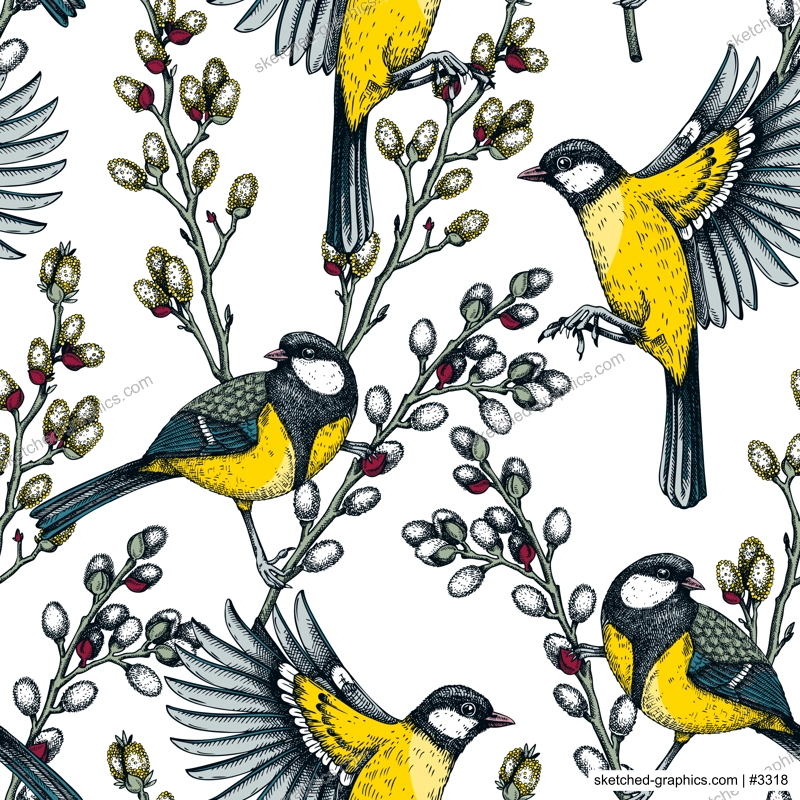 Colorful spring background. Great tits on willow branches in sketched style. Hand drawn passerine bird and flowers seamless pattern. Hand drawn wildlife design for textile, packaging, fabrics, prints