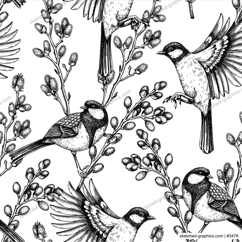 Delicate spring background. Great tits on willow branches in sketched style. Hand drawn passerine bird and flowers seamless pattern. Hand drawn wildlife design for textile, packaging, fabrics, prints