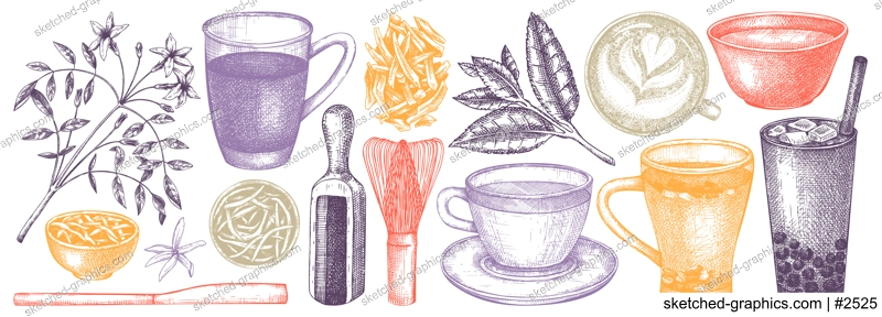 Hand-sketched green tea drinks and ingredients collection in color. Vector sketches of hot beverage cups, dried leaves, jasmine blossoms. Popular tea drawings for cafe or restaurant menu design