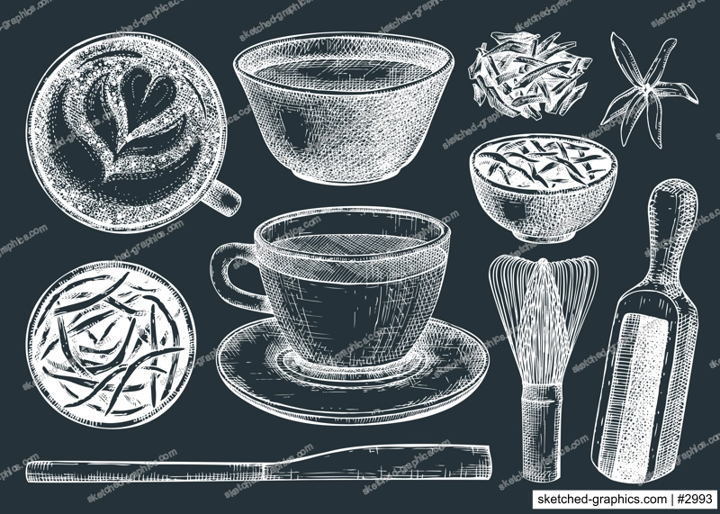 Hand-sketched green tea drinks and ingredients collection on chalkboard. Vector sketches of hot beverage cups, dried leaves, jasmine blossoms. Popular tea drawings for menu design.