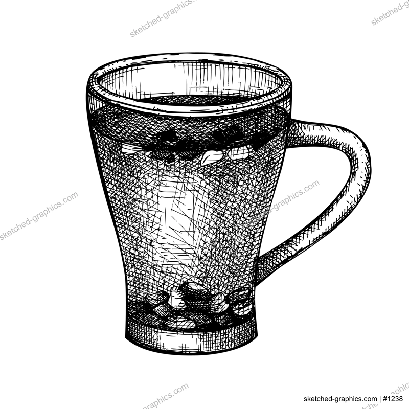 Hand-sketched green tea in a glass mug illustration. Vector sketch of popular tea drink in an elegant cup. Green leaves beverage hand-drawing for bar or restaurant menu design isolated on white