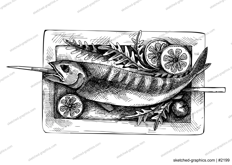 Grilled fish on a stick vintage drawing. German food sketch. Oktoberfest menu design. Hand-drawn food illustration for Octoberfest. Traditional German festival cuisine meal. Grilled fish