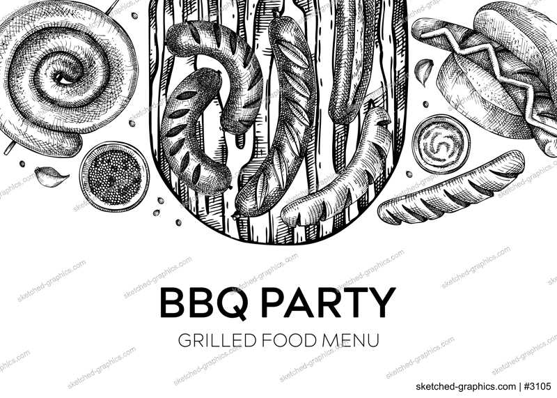 Grilled sausage banner. Hand-drawn fast food illustration. Barbeque party sketched banner. German food and meat products sketches. Oktoberfest background for menu or packaging design