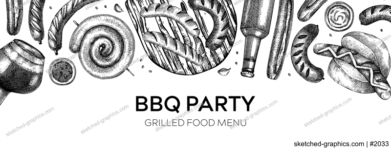 Grilled sausage and beer banner. Hand-drawn fast food illustration. Barbeque party sketched banner. German food and drinks sketches. Oktoberfest background. For bar menu or picnic design