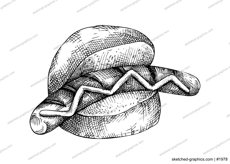 Grilled sausage in bun with mustards. Fast food drawing. German food sketch. Oktoberfest menu design element. Hand drawn fast food illustration for Octoberfest. Traditional German cuisine meal sketch 