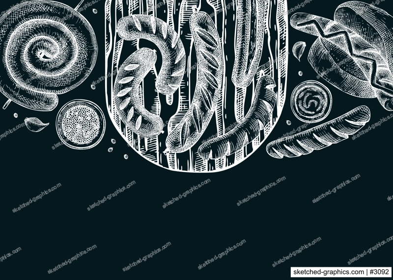 Grilled sausage frame on chalkboard. Hand-drawn fast food illustration. Barbeque party sketched banner. German food sketches. Oktoberfest background. For picnic, delivery, bar or restaurant design
