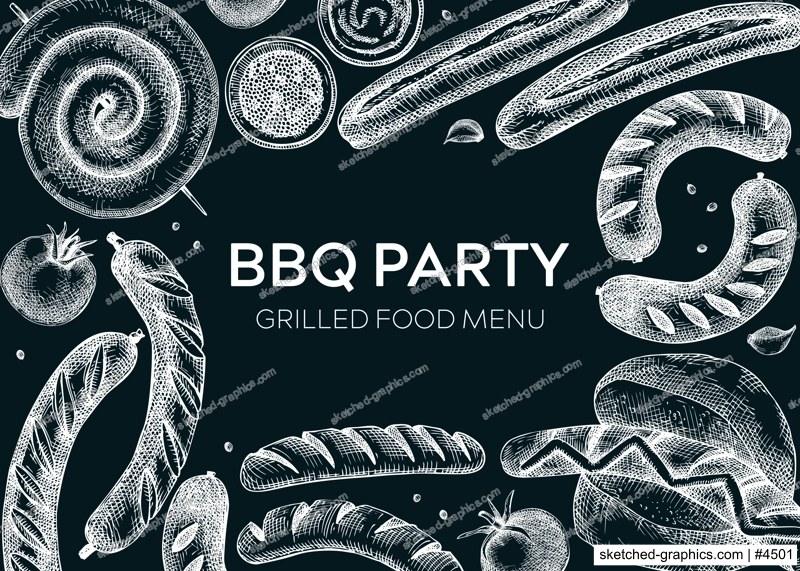 Grilled sausage frame on chalkboard. Hand-drawn fast food illustration. Barbeque party sketched banner. German food sketches. Oktoberfest background. For picnic, delivery, bar or restaurant design