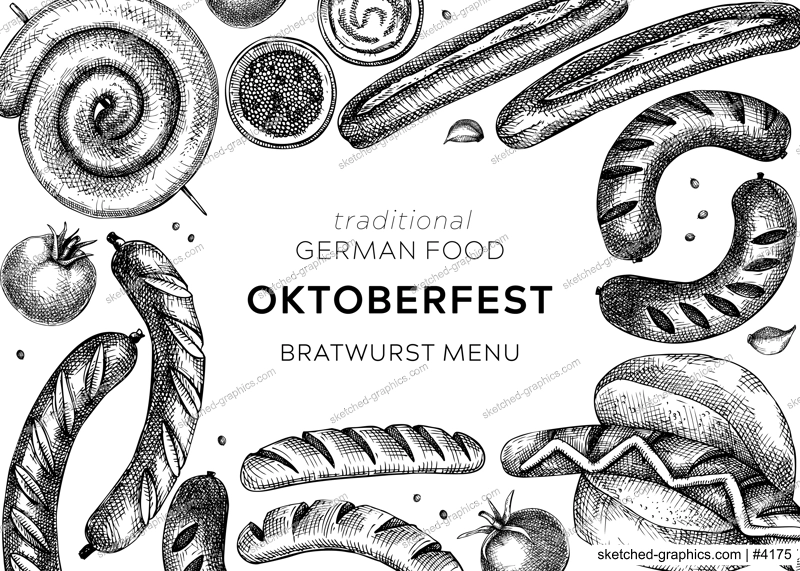 Grilled sausage frame. Hand-drawn fast food illustration. Barbeque party sketched banner. Black and white German food sketches. Oktoberfest background. For picnic, delivery, bar or restaurant design