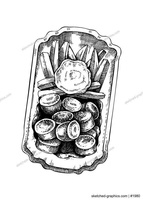 Grilled sausage with French fries sketch. Hand-drawn vector illustration. Fast food drawing. Traditional European Christmas market food, Oktoberfest menu design element. German cuisine meal