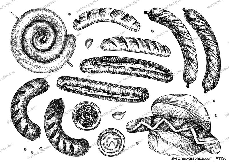 Grilled sausage vintage drawing. German food sketch. Oktoberfest menu design element. Hand drawn fast food illustration for Octoberfest. Traditional German cuisine meal sketch in engraved style