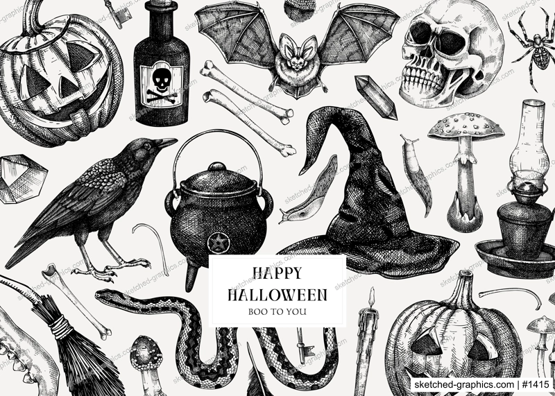 Halloween background. Hand drawn vector illustration. Skulls, bones, pumpkin, poisonous mushrooms, snakes, raven, witch hat sketches. Autumn holiday design. Vintage Halloween party invitation card