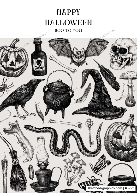 Vintage Halloween banner design. Hand drawn vector illustration. Skull, bones, pumpkin, poisonous mushrooms, snakes, raven sketch. Halloween party invitation, flyer, poster, book cover, card template