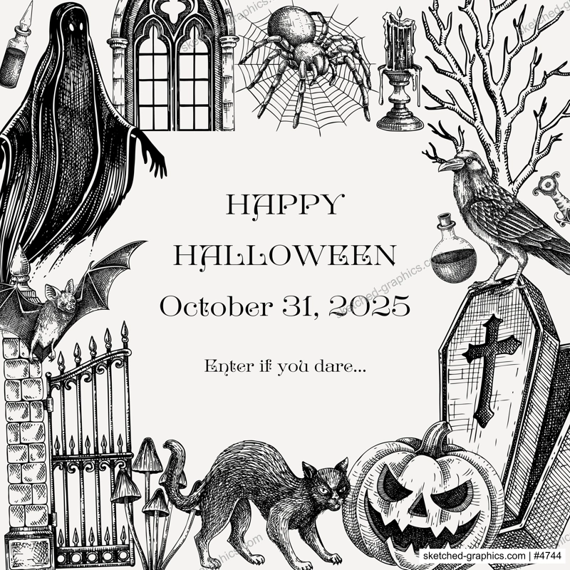 Halloween card design. Hand-drawn vector illustrations. Gothic party invitation template. NOT AI generated