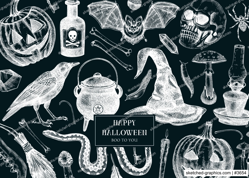 Halloween background on chalkboard. Hand drawn vector illustration. Skulls, bones, pumpkin, poisonous mushrooms, snakes, witch hat sketches. Autumn holiday card. Vintage Halloween party invitation