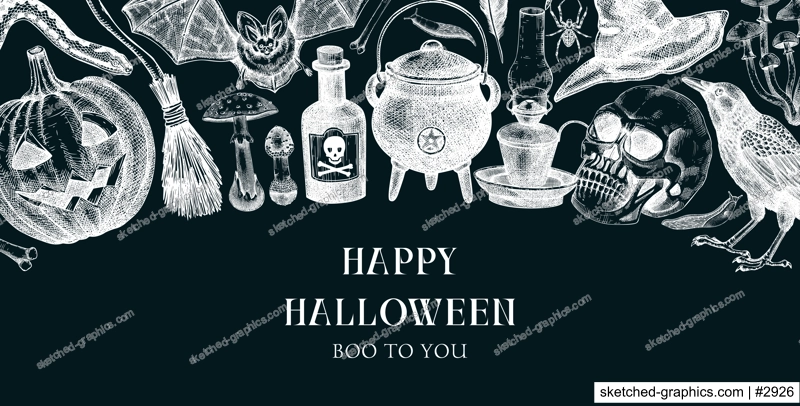 Halloween background on chalkboard. Hand drawn vector illustration. Skulls, bones, pumpkin, poison, snakes, mushroom sketches. Autumn holiday banner. Vintage Halloween design elements