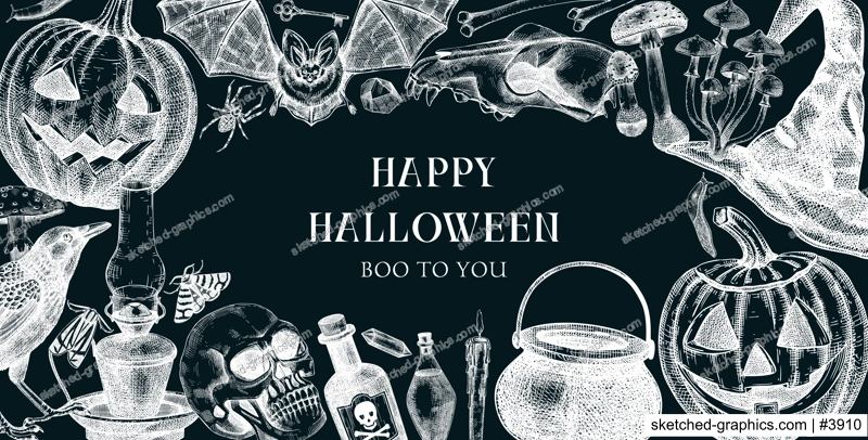 Halloween frame design on chalkboard. Hand drawn vector illustrations. Skull, bones, Halloween pumpkin, poisonous mushrooms, snakes, witch sketches. Halloween party invitation, card template, banner