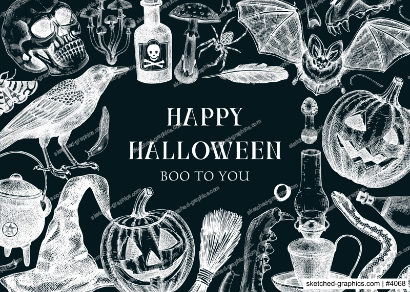 Halloween frame design on chalkboard. Hand drawn vector illustrations. Skull, bones, Halloween pumpkin, poisonous mushrooms, snakes, witch sketches. Halloween party invitation, card template, banner