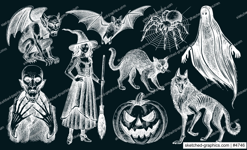 Halloween character sketches set. Gothic monsters hand-drawn vector illustration. Magic animals drawings . NOT AI generated